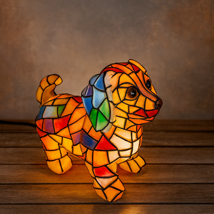 Lámpara de mesa con figura de perro de resina, luz cálida decorativa