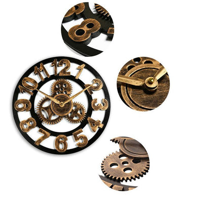 Retro Industrial Wooden Gear Wall Clock Decorative Silent Home Accent