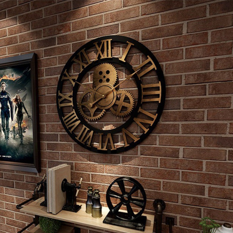 Retro Industrial Wooden Gear Wall Clock Decorative Silent Home Accent