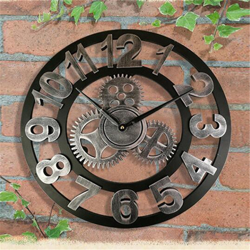 Retro Industrial Wooden Gear Wall Clock Decorative Silent Home Accent