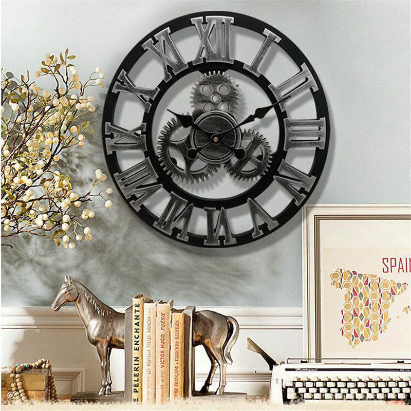 Retro Industrial Wooden Gear Wall Clock Decorative Silent Home Accent