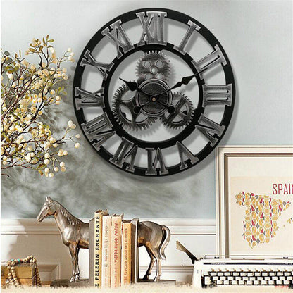 Retro Industrial Wooden Gear Wall Clock Decorative Silent Home Accent