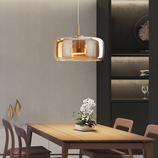 Retro LED Pendant Lamp - Gold Amber Metal & Glass Hanging Light