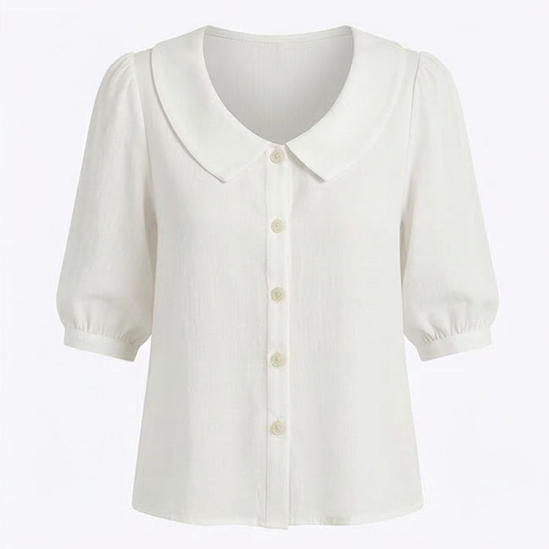 Retro Peter Pan Collar Blouse with Puff Sleeves and Button Front