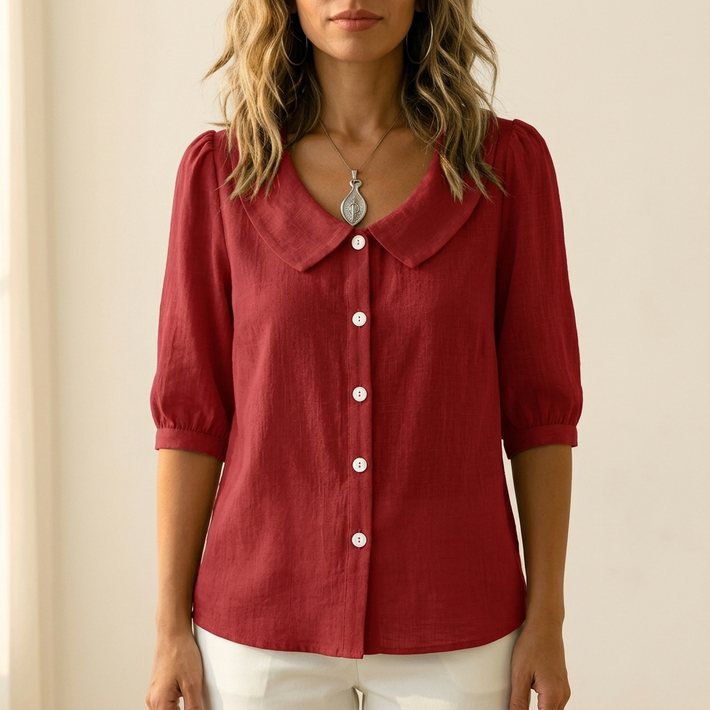Retro Peter Pan Collar Blouse with Puff Sleeves and Button Front