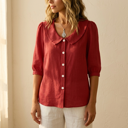 Retro Peter Pan Collar Blouse with Puff Sleeves and Button Front