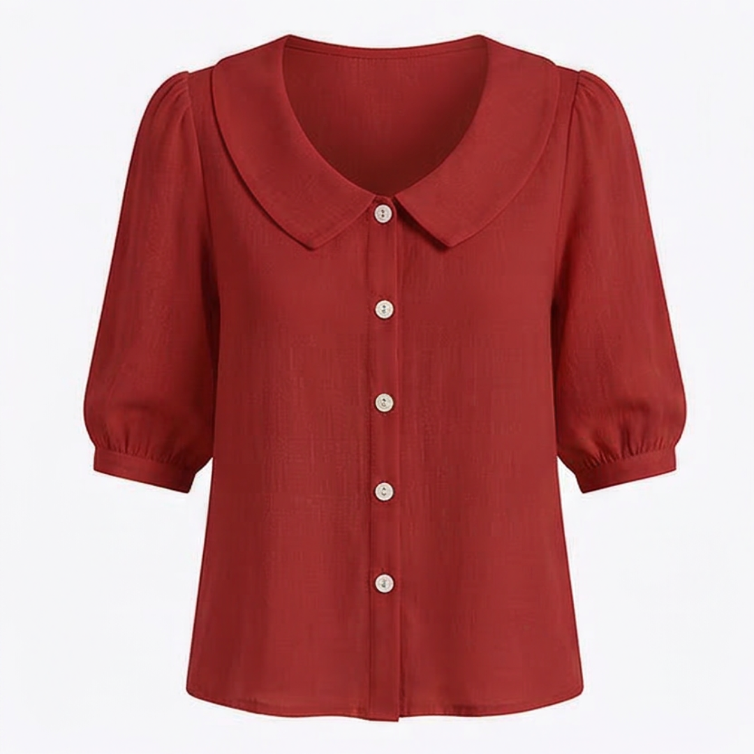 Retro Peter Pan Collar Blouse with Puff Sleeves and Button Front