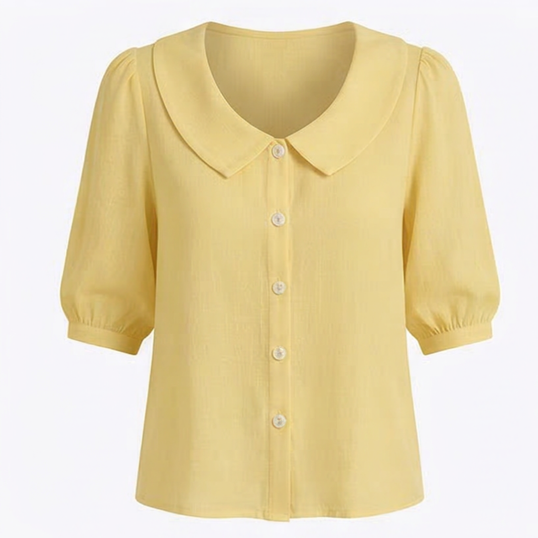 Retro Peter Pan Collar Blouse with Puff Sleeves and Button Front