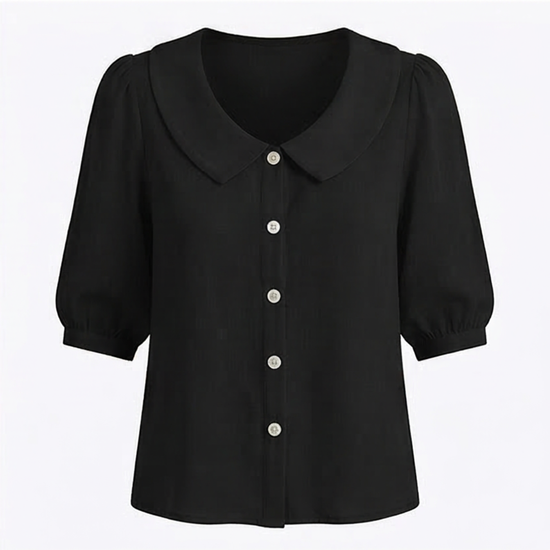 Retro Peter Pan Collar Blouse with Puff Sleeves and Button Front