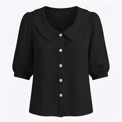 Retro Peter Pan Collar Blouse with Puff Sleeves and Button Front