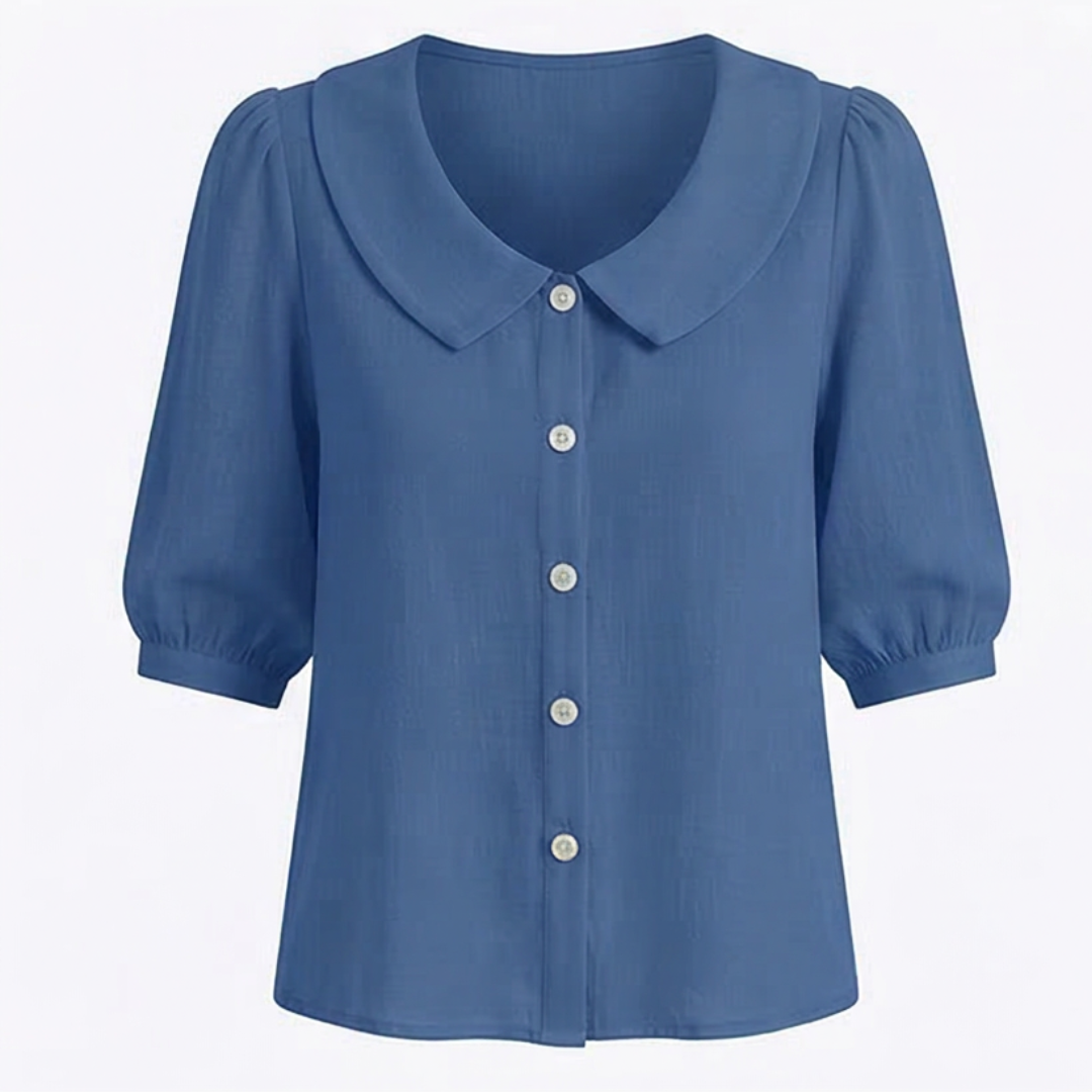 Retro Peter Pan Collar Blouse with Puff Sleeves and Button Front