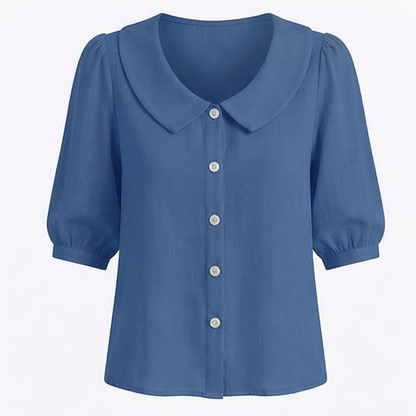 Retro Peter Pan Collar Blouse with Puff Sleeves and Button Front