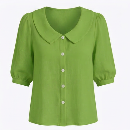 Retro Peter Pan Collar Blouse with Puff Sleeves and Button Front