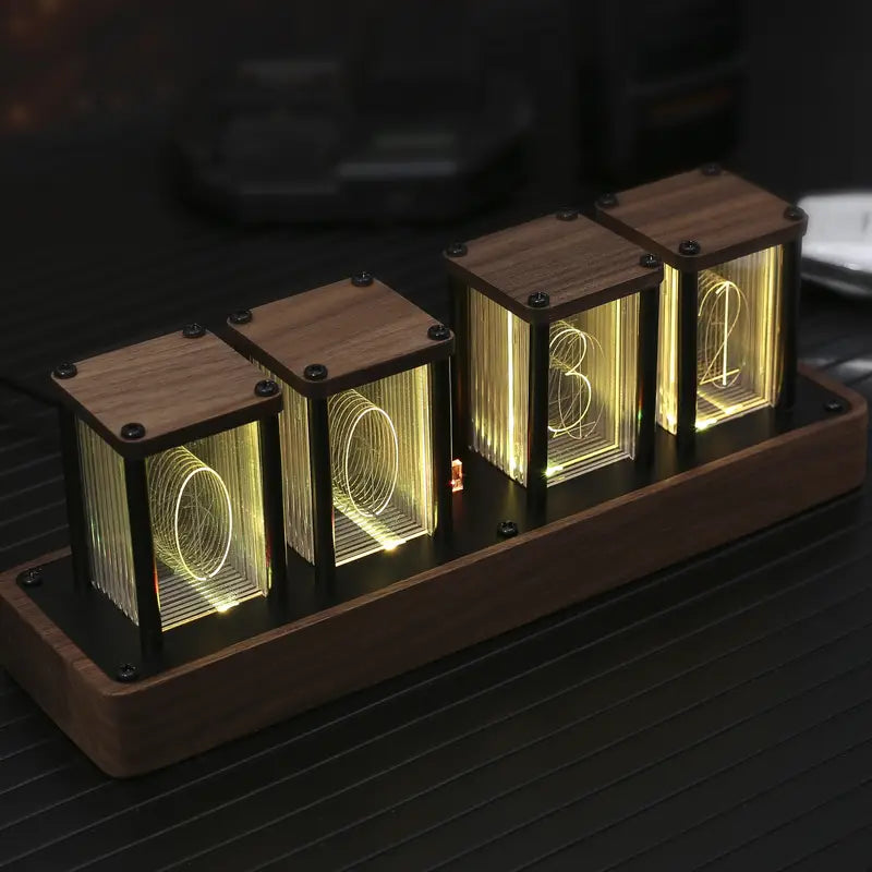 Retro Tube Digital Clock with Wi-Fi Sync Walnut Wood LED Display