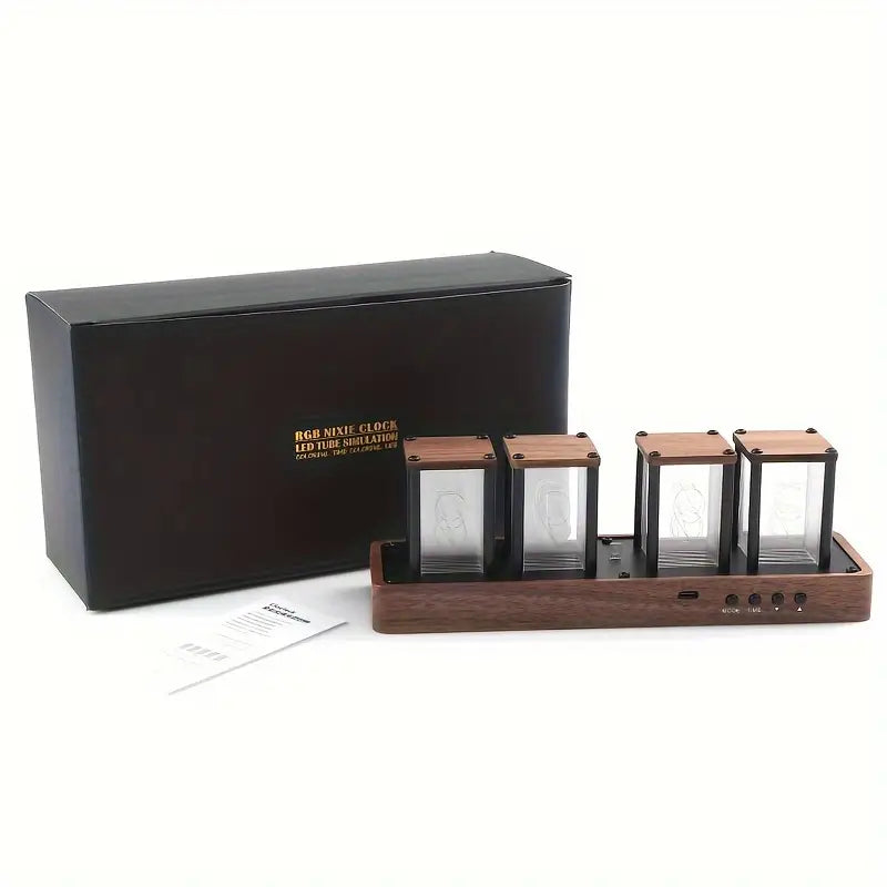 Retro Tube Digital Clock with Wi-Fi Sync Walnut Wood LED Display