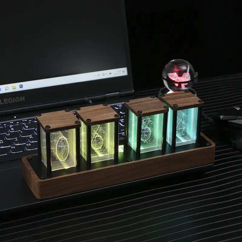 Retro Tube Digital Clock with Wi-Fi Sync Walnut Wood LED Display
