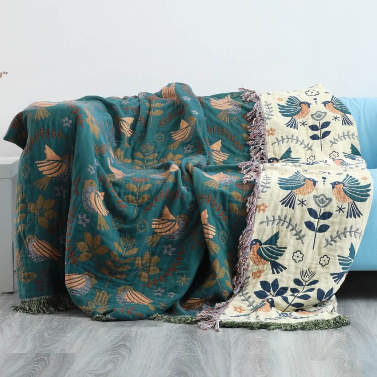 Reversible Scandinavian Bird Throw Blanket Soft Cotton Cozy Home Decor