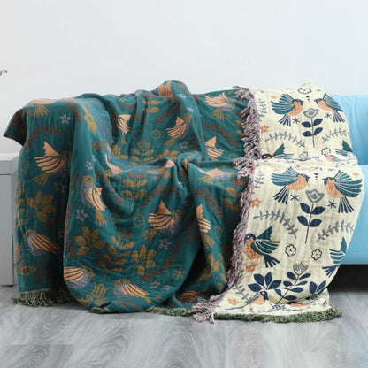 Reversible Scandinavian Bird Throw Blanket Soft Cotton Cozy Home Decor