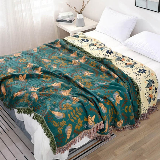Reversible Scandinavian Bird Throw Blanket Soft Cotton Cozy Home Decor