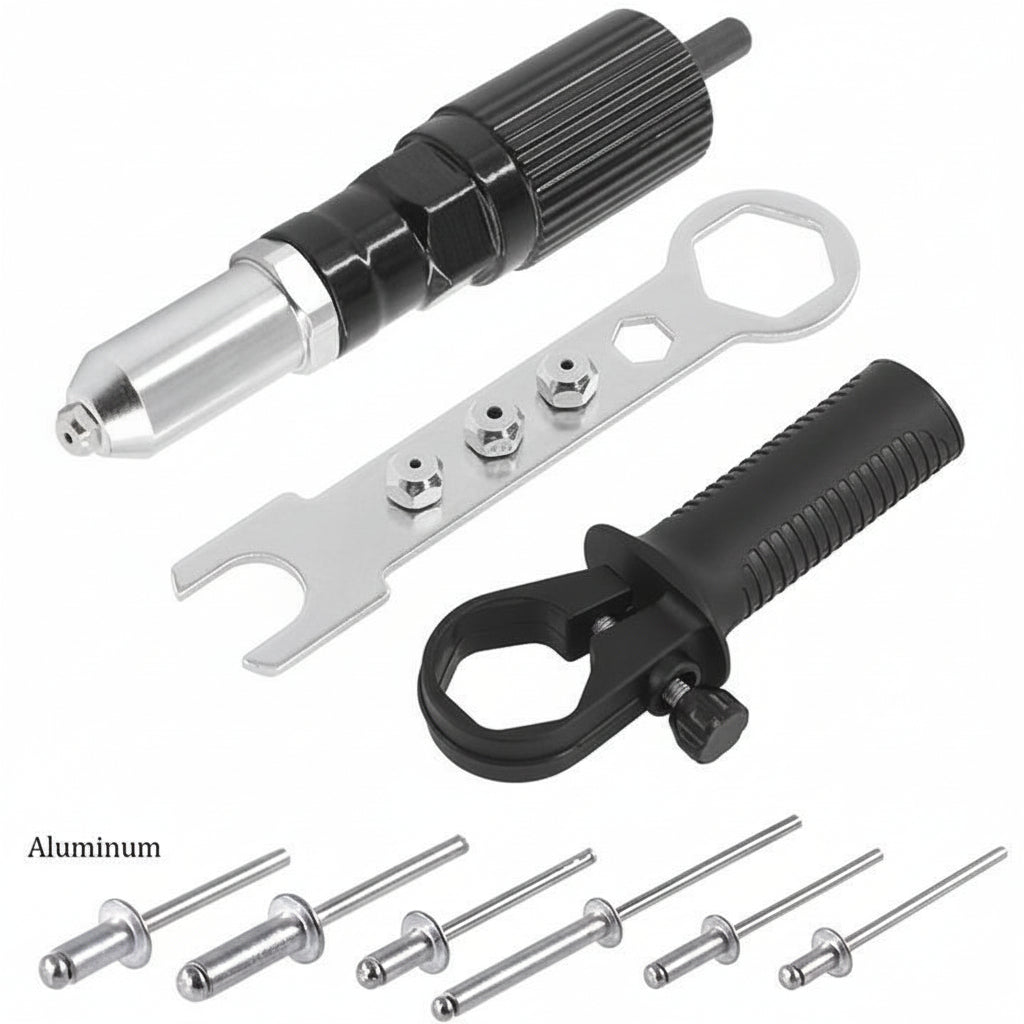 Rivet Gun Drill Adapter Kit with Interchangeable Nozzles and Rivets
