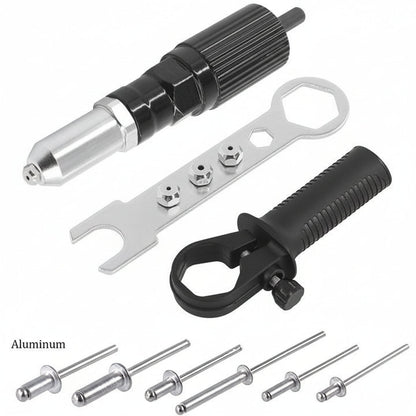 Rivet Gun Drill Adapter Kit with Interchangeable Nozzles and Rivets
