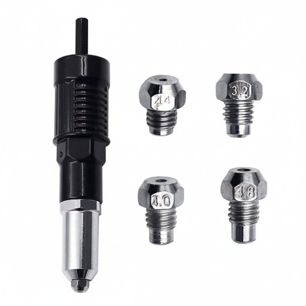 Rivet Gun Drill Adapter Kit with Interchangeable Nozzles and Rivets