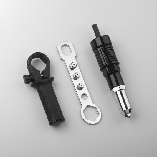 Rivet Gun Drill Adapter Kit with Interchangeable Nozzles and Rivets