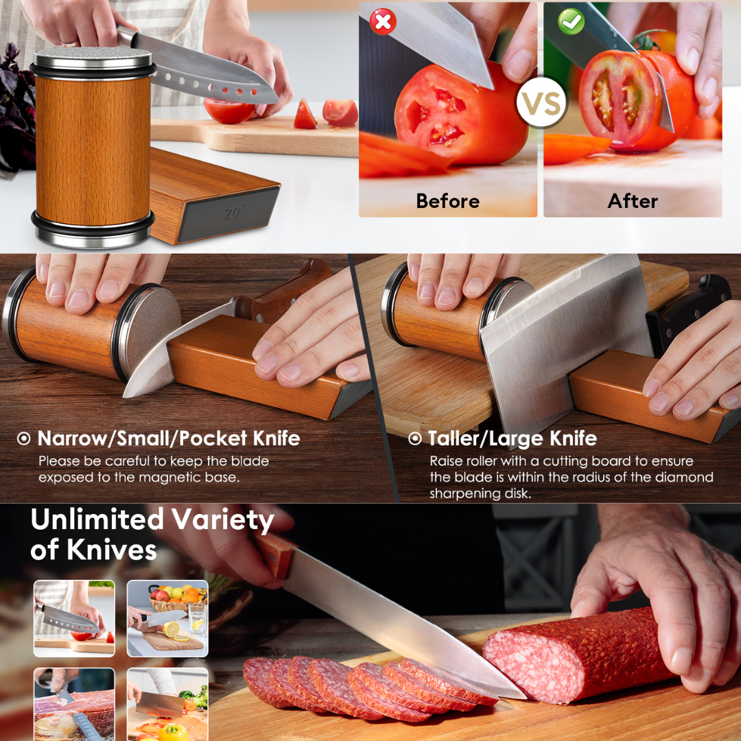 Rolling Knife Sharpener with Diamond Disc and Magnetic Angle Guide