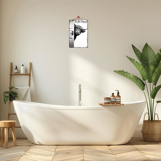 Rustic Highland Cow Bathroom Sign with Funny Decorative Design