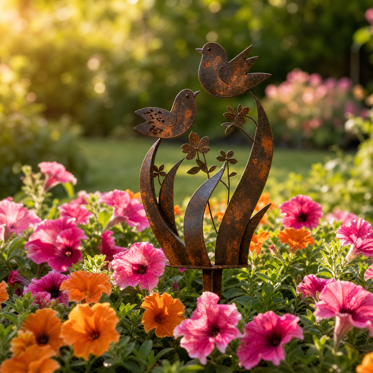 Rustic Iron Bird and Wildflower Garden Stake with Weathered Finish