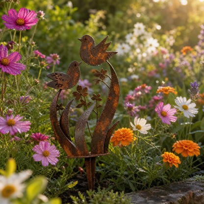 Rustic Iron Bird and Wildflower Garden Stake with Weathered Finish