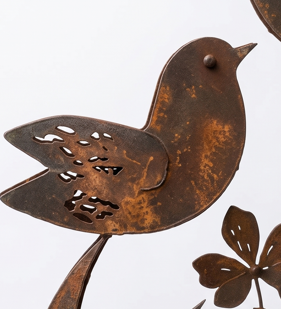 Rustic Iron Bird and Wildflower Garden Stake with Weathered Finish