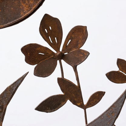 Rustic Iron Bird and Wildflower Garden Stake with Weathered Finish