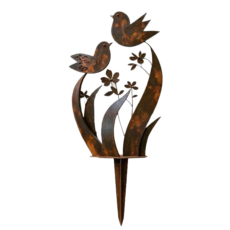 Rustic Iron Bird and Wildflower Garden Stake with Weathered Finish