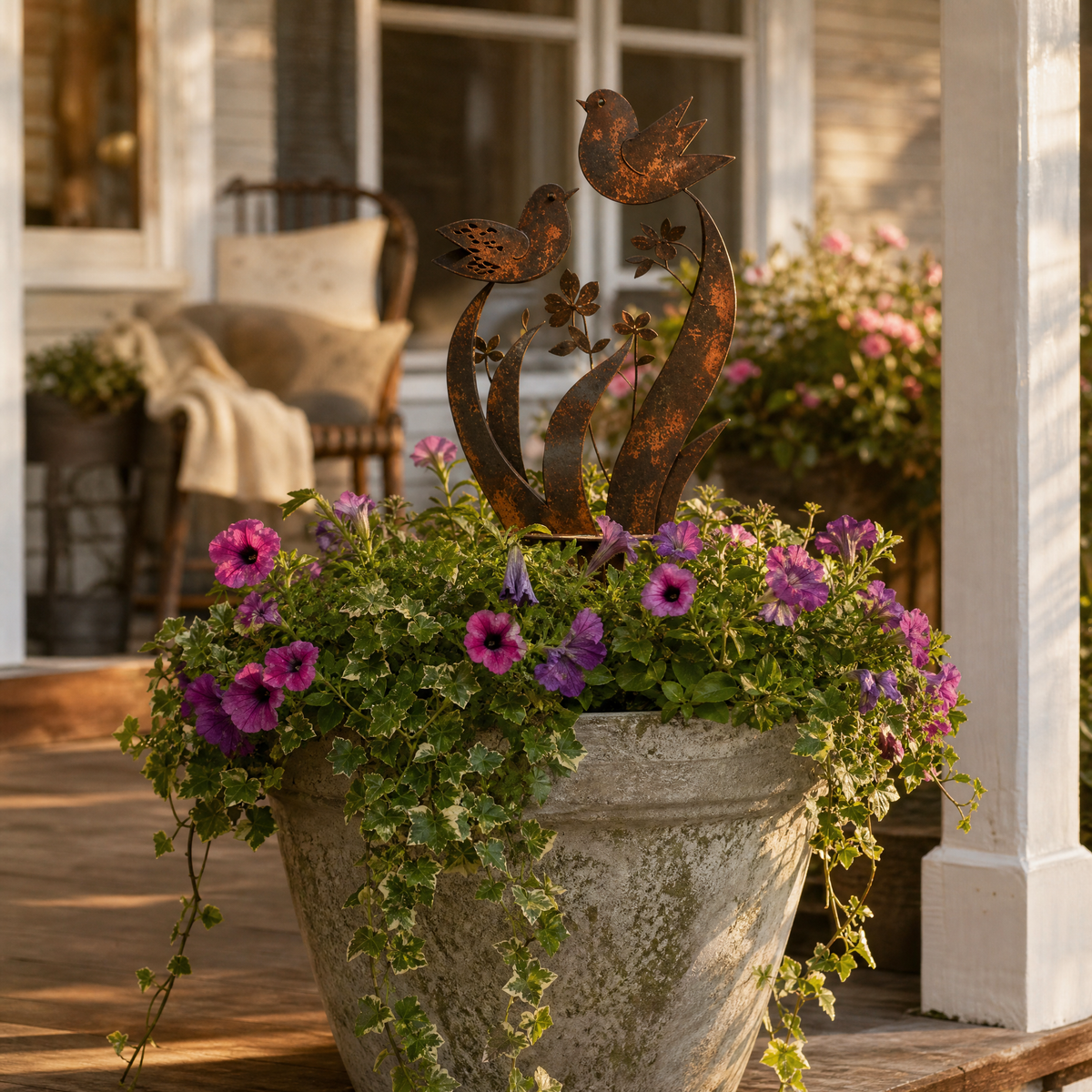 Rustic Iron Bird and Wildflower Garden Stake with Weathered Finish