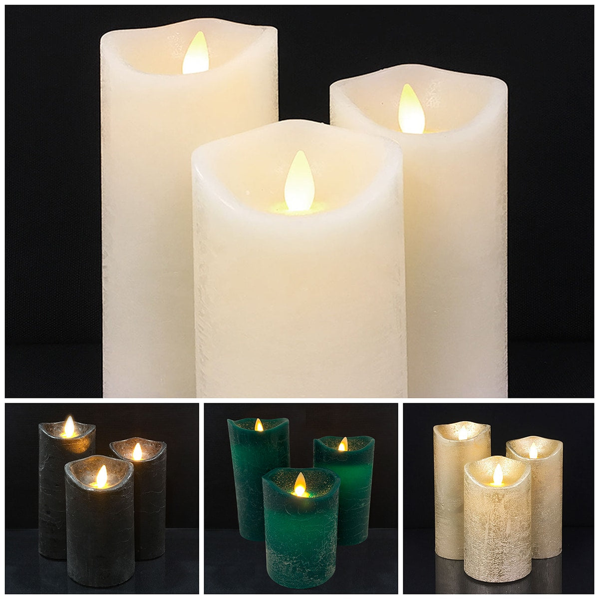 Rustic LED Block Candles 3-Piece Set with 3D Flame, Timer & Remote
