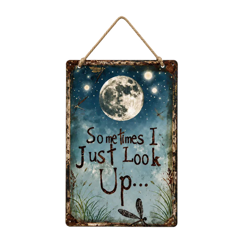 Rustic Moon Metal Sign with Dragonfly Artwork and Braided Rope Hanger