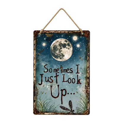 Rustic Moon Metal Sign with Dragonfly Artwork and Braided Rope Hanger