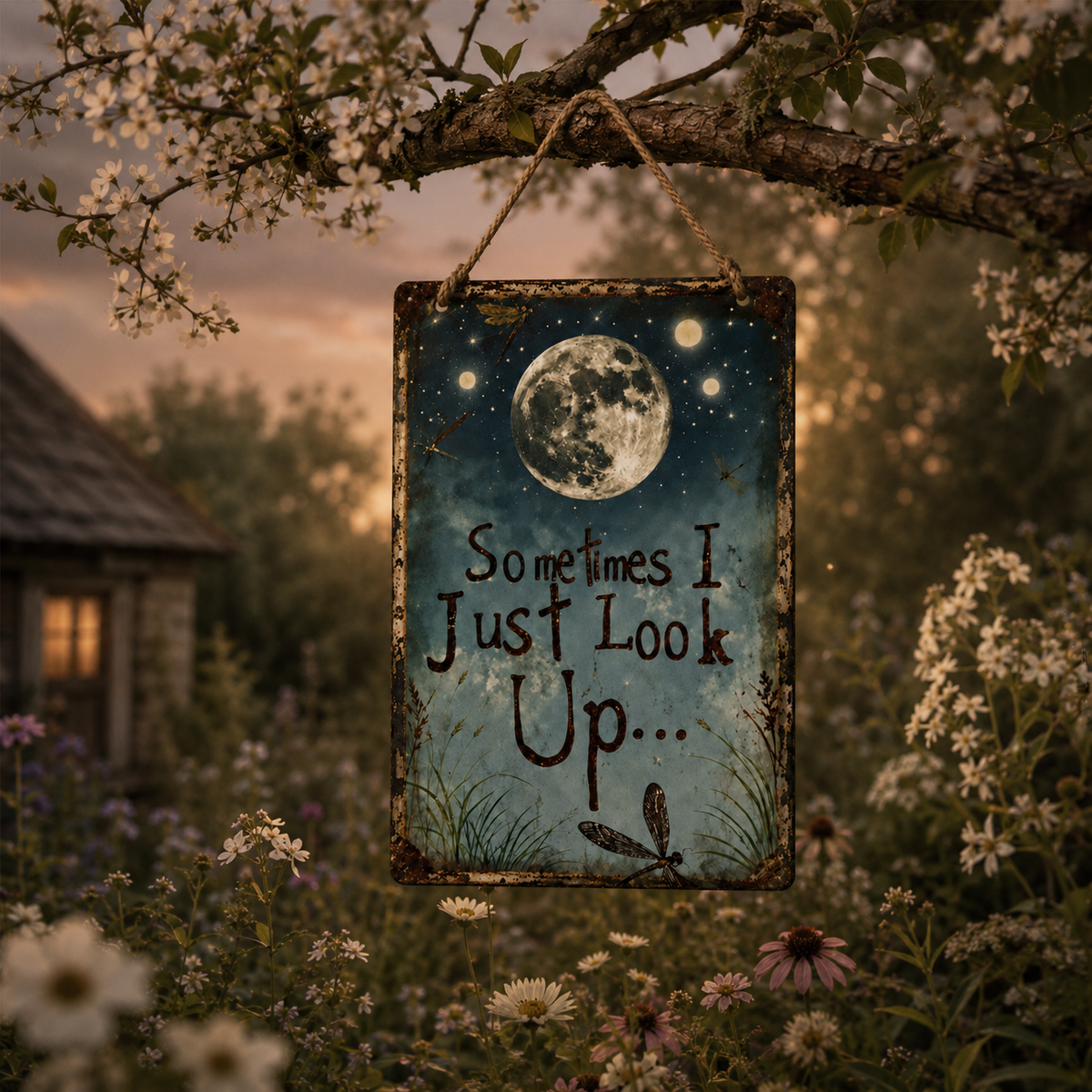 Rustic Moon Metal Sign with Dragonfly Artwork and Braided Rope Hanger