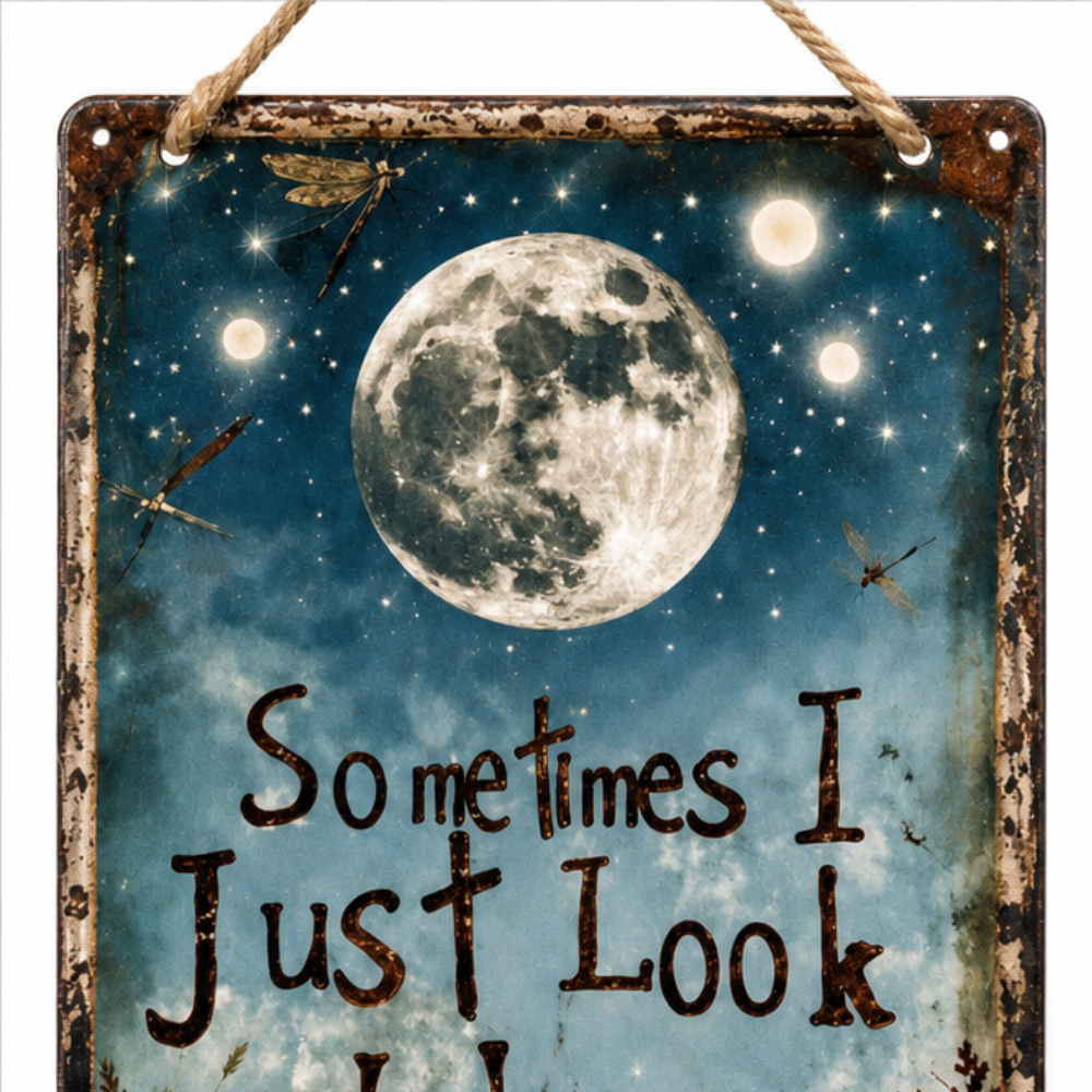 Rustic Moon Metal Sign with Dragonfly Artwork and Braided Rope Hanger