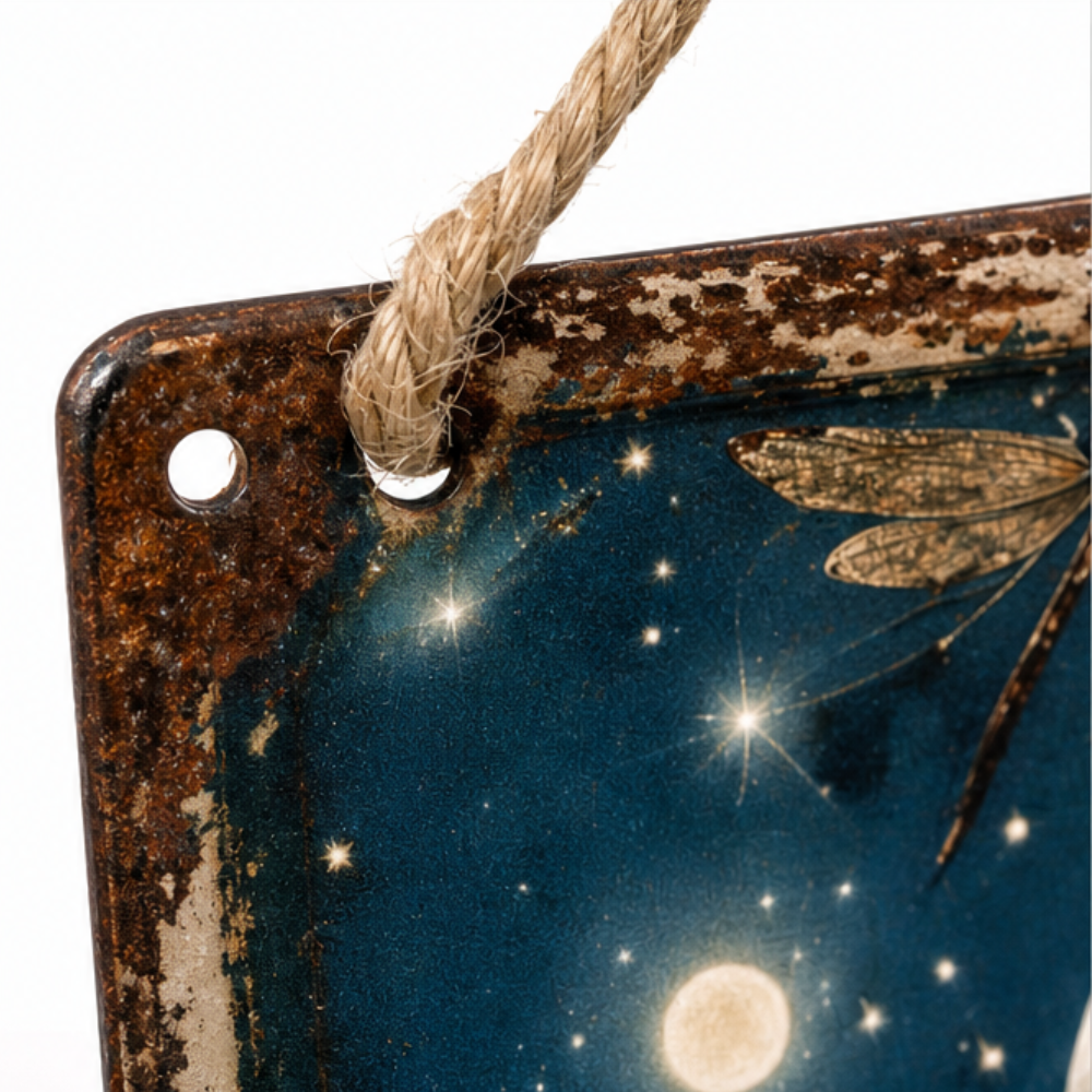 Rustic Moon Metal Sign with Dragonfly Artwork and Braided Rope Hanger