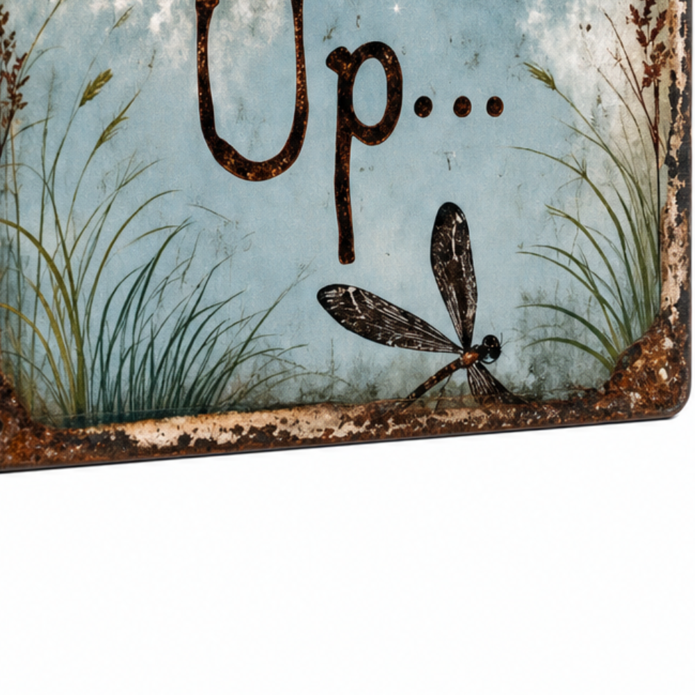 Rustic Moon Metal Sign with Dragonfly Artwork and Braided Rope Hanger