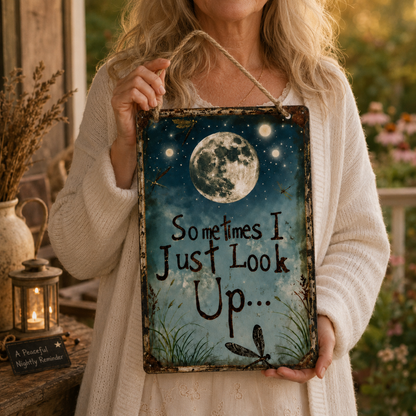 Rustic Moon Metal Sign with Dragonfly Artwork and Braided Rope Hanger