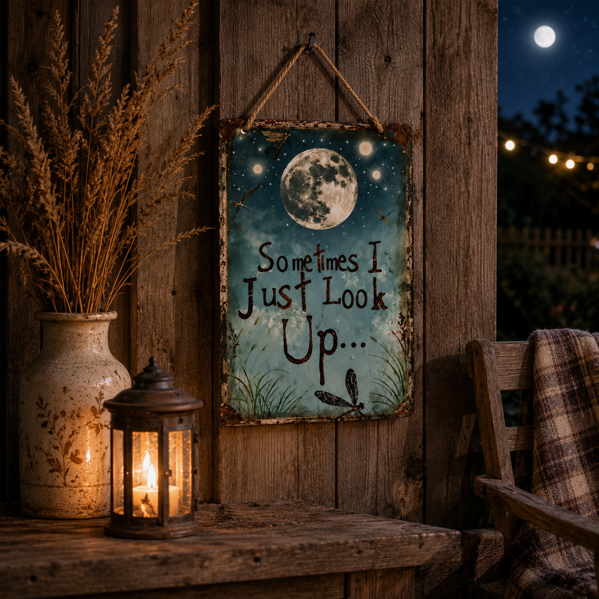 Rustic Moon Metal Sign with Dragonfly Artwork and Braided Rope Hanger