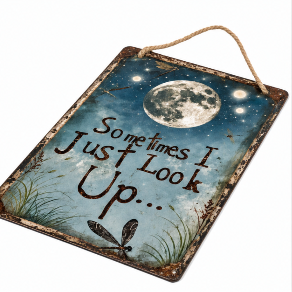 Rustic Moon Metal Sign with Dragonfly Artwork and Braided Rope Hanger