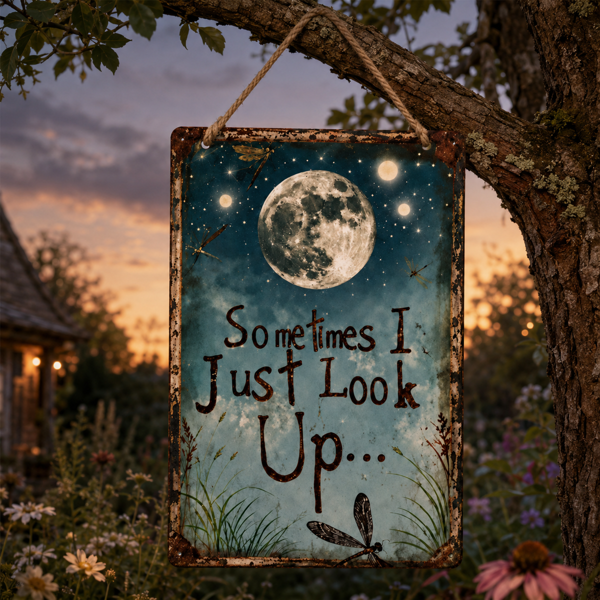 Rustic Moon Metal Sign with Dragonfly Artwork and Braided Rope Hanger