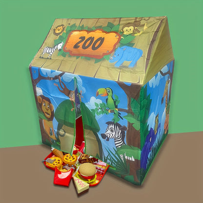Safari Jungle Play Tent with Animal Theme and Burger Toy Set