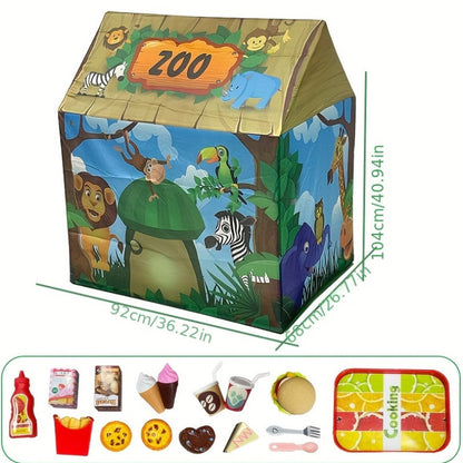 Safari Jungle Play Tent with Animal Theme and Burger Toy Set