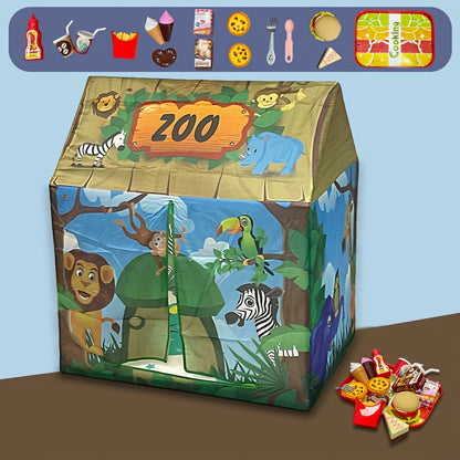 Safari Jungle Play Tent with Animal Theme and Burger Toy Set