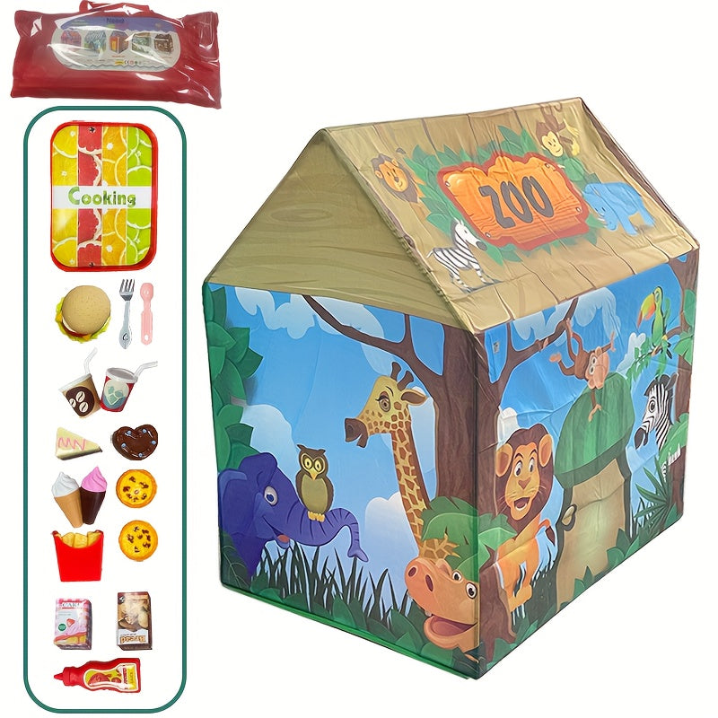 Safari Jungle Play Tent with Animal Theme and Burger Toy Set